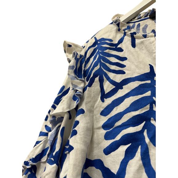 Size Large Linen Blend Resort Blue Boho Tropical Pool Vacation Ruffle Blouse Top - Picture 4 of 11